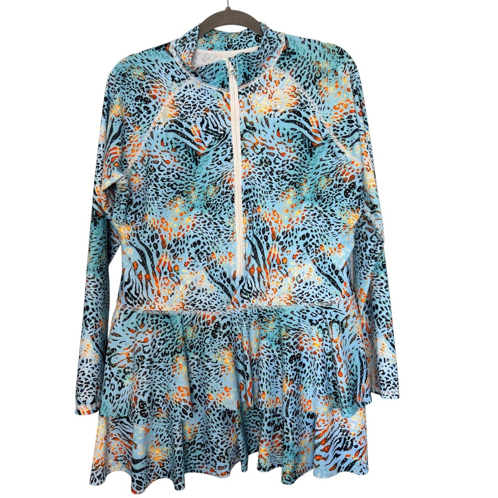 UNIQUEBELLA Women's Long Sleeve Rash Guard Swimsuit Blue Animal Print Size XXL